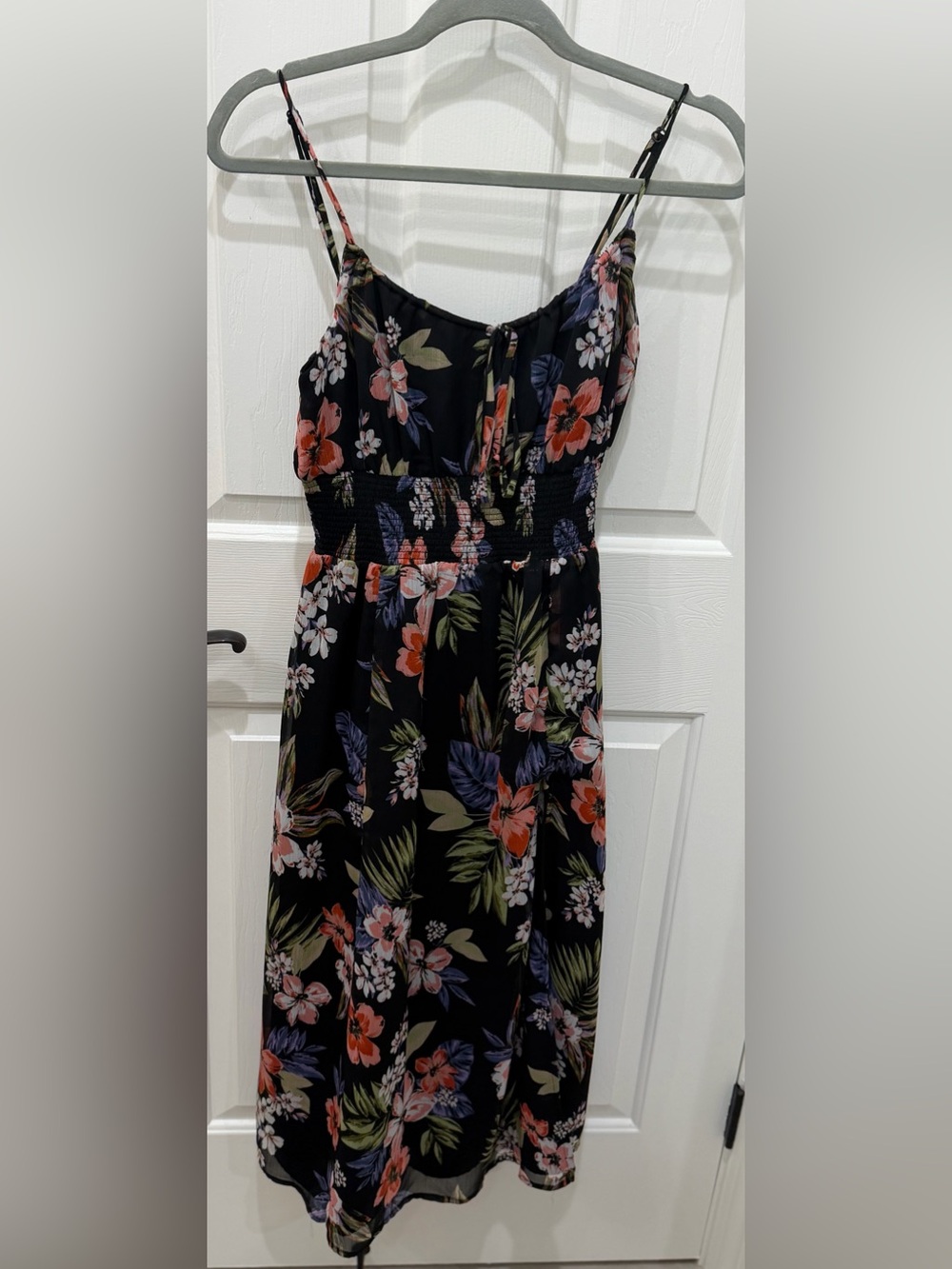Patrons of Peace Floral Smocked Waist Black Midi Dress - Women's
